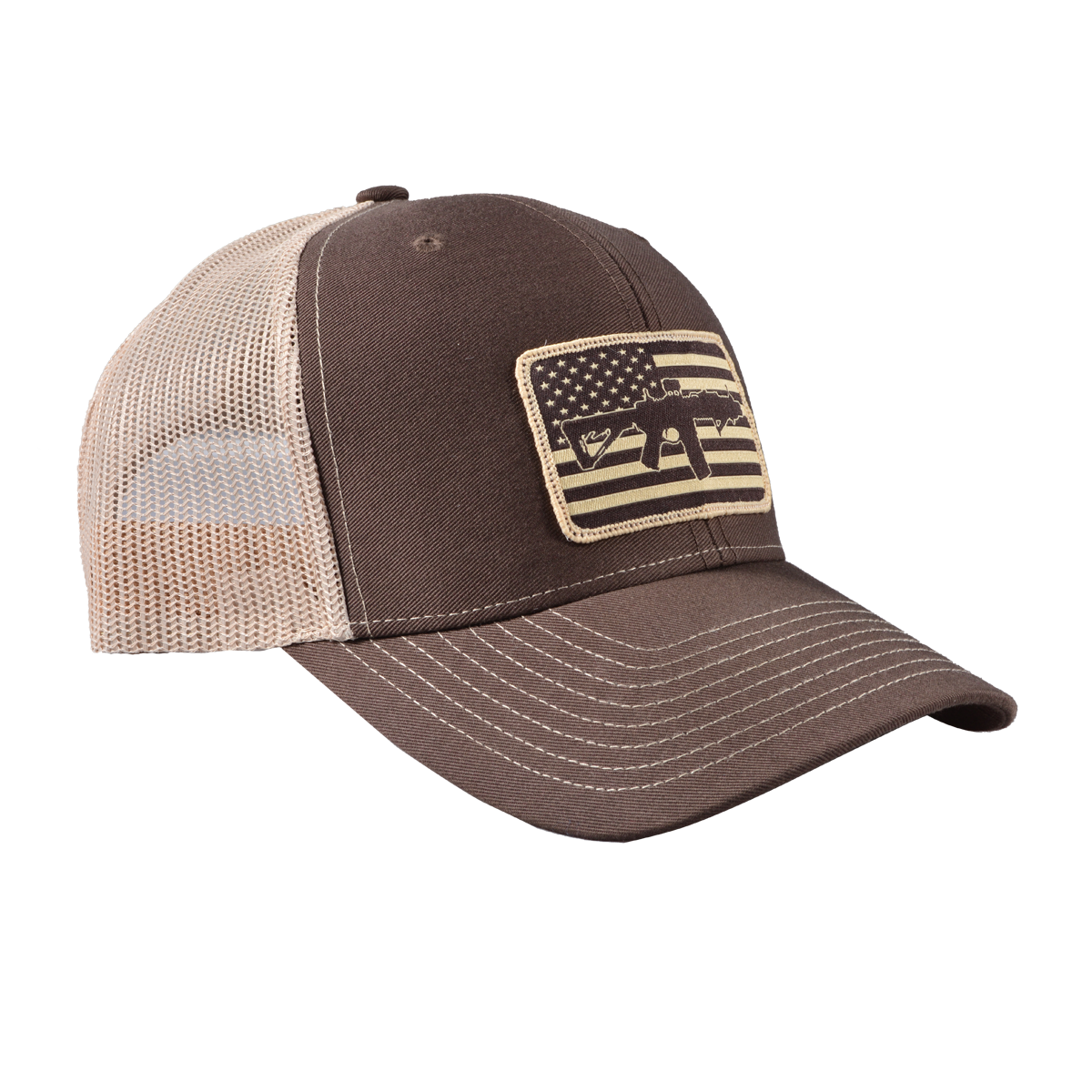 AR Flag Patch Trucker Hat - Brown w/Tan Mesh
