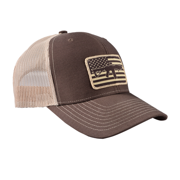 AR Flag Patch Trucker Hat - Brown w/Tan Mesh
