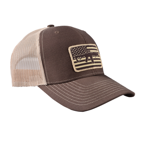 AR Flag Patch Trucker Hat - Brown w/Tan Mesh