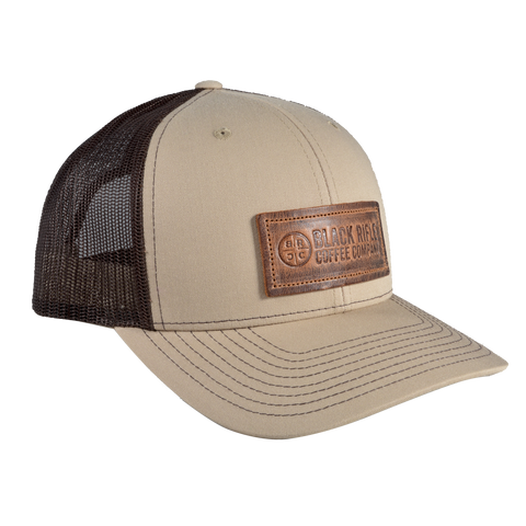 Leather Patch Trucker Hat - Tan w/Brown Mesh